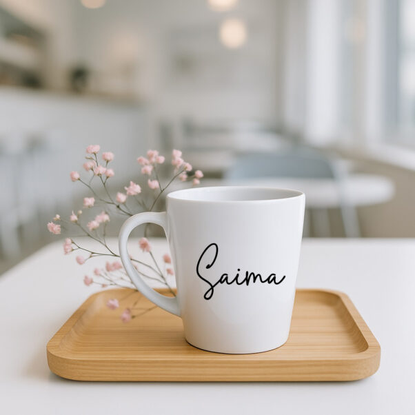 A Personalized Coffee Cup for Her featuring an elegant floral design and a personalized name in a delicate script font, filled with steaming hot coffee, resting on a wooden coaster next to a small potted plant.