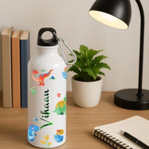 A vibrant green Dino Theme Kids Sipper Bottle featuring playful dinosaur illustrations and a convenient spill-proof straw lid