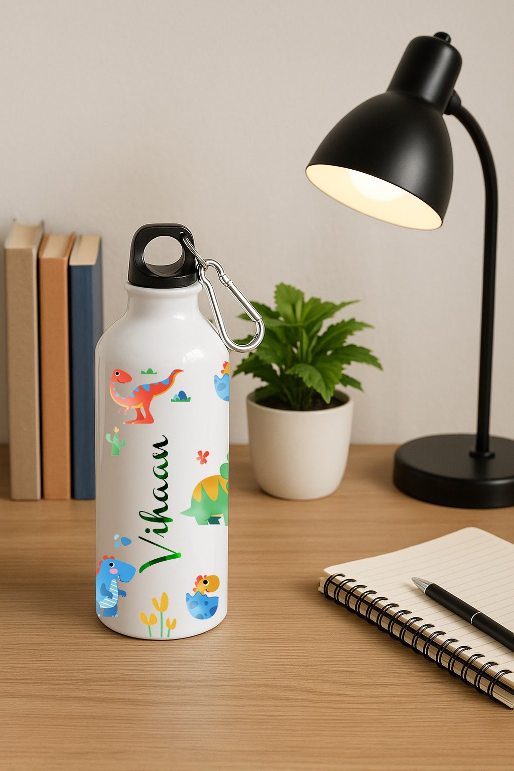 A vibrant green Dino Theme Kids Sipper Bottle featuring playful dinosaur illustrations and a convenient spill-proof straw lid