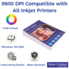 : A stack of High Glossy Inkjet Photo Paper (5x7 inch), showing its smooth, reflective surface, alongside a vibrant printed photograph demonstrating excellent color reproduction and shine.