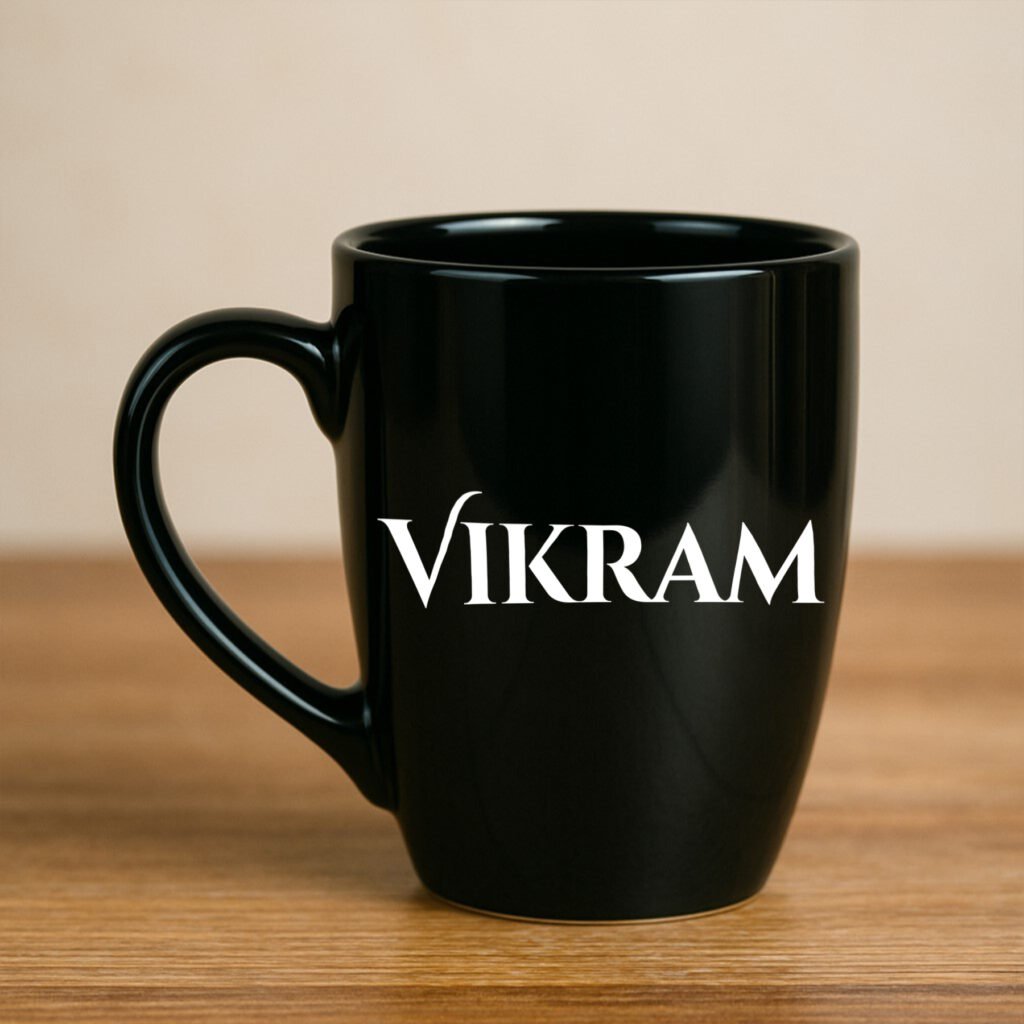 A personalized mug for a male boss featuring a custom design and his name, filled with coffee on a professional desk.