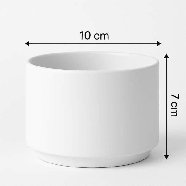 A personalized ceramic planter pot, 10 cm diameter, 7 cm height, featuring a custom design and a small succulent plant.