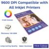 A stack of "High Glossy Inkjet Photo Paper 12x18in 180 GSM 50 Sheets" showing its highly reflective surface, next to an inkjet printer, with a large, vibrant printed photograph showcasing excellent color reproduction and sharp detail.