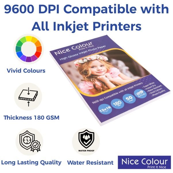 A stack of "High Glossy Inkjet Photo Paper 12x18in 180 GSM 50 Sheets" showing its highly reflective surface, next to an inkjet printer, with a large, vibrant printed photograph showcasing excellent color reproduction and sharp detail.