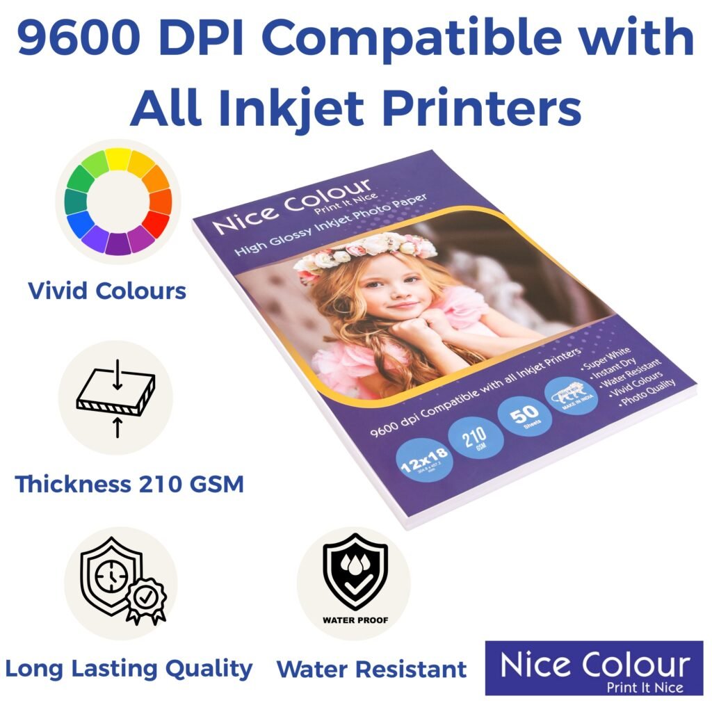 A stack of "High Glossy Inkjet Photo Paper 12x18 Inch 210GSM 50 Sheet" showcasing its thick, brilliant surface, positioned next to a high-resolution inkjet print displaying vibrant colors and sharp detail.