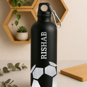 A sleek, personalized engraved bottle made of stainless steel, showcasing a detailed custom name and logo design.