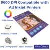 A stack of "High Glossy Inkjet Photo Paper 13x19 Inch 210GSM 50 Sheet" emphasizing its substantial thickness and brilliant surface, with a stunning printed large-format photograph demonstrating vibrant colors and crisp details.