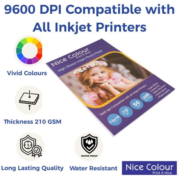 A stack of "High Glossy Inkjet Photo Paper 13x19 Inch 210GSM 50 Sheet" emphasizing its substantial thickness and brilliant surface, with a stunning printed large-format photograph demonstrating vibrant colors and crisp details.