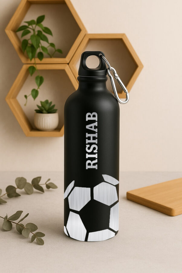 Engraved Bottle 1 A sleek, personalized engraved bottle made of stainless steel, showcasing a detailed custom name and logo design.