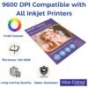 A stack of "High Glossy Inkjet Photo Paper 13x19 Inch 180GSM 50 Sheet" highlighting its smooth, reflective surface, next to an inkjet printer, with a printed 13x19 inch photograph showcasing vibrant colors and impressive detail.