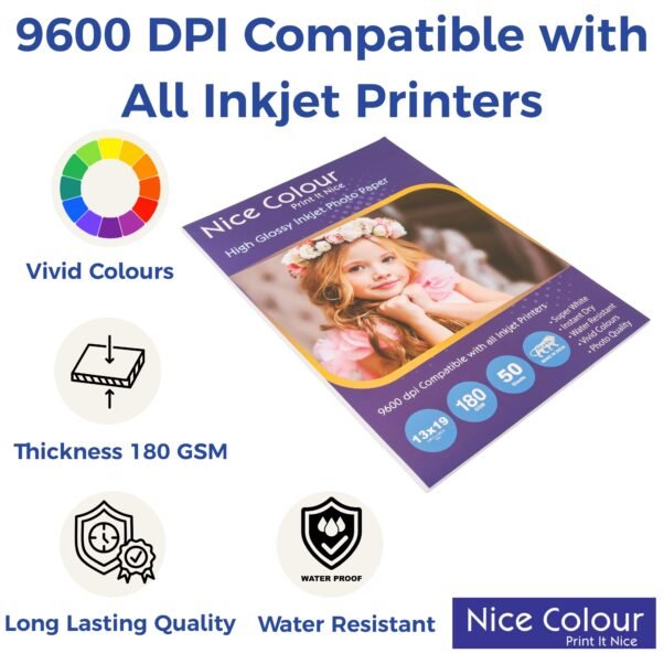 A stack of "High Glossy Inkjet Photo Paper 13x19 Inch 180GSM 50 Sheet" highlighting its smooth, reflective surface, next to an inkjet printer, with a printed 13x19 inch photograph showcasing vibrant colors and impressive detail.