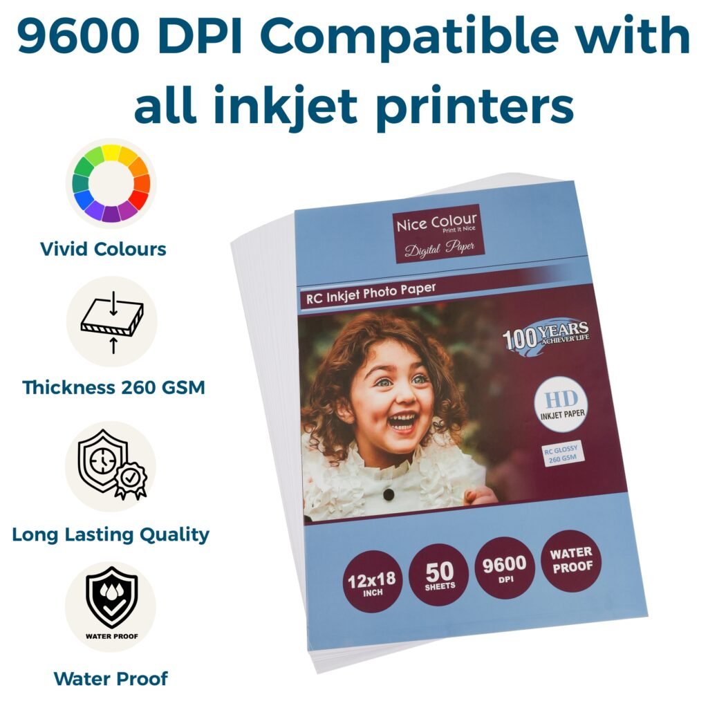 RC Inkjet Glossy Photo Paper 12x18 Inch 50 Sheets 9600 DPI Water Proof