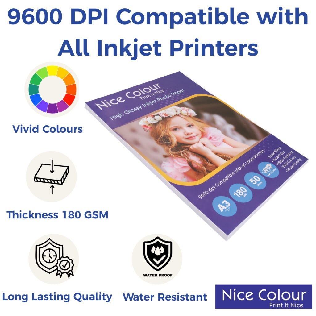 High Glossy Inkjet Photo Paper A3 180 GSM Pack of 50 Sheets