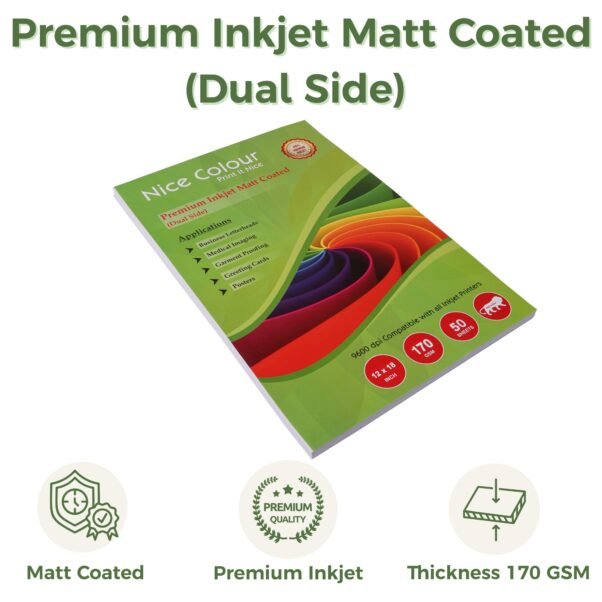 Premium Inkjet Matt Coated Dual Side Paper 12x18 Inch 170 GSM 50 Sheets