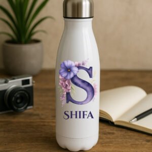 A colorful Personalized UV Sticker Bottle showcasing a vibrant, full-color custom photo and text design, appearing smooth and durable.