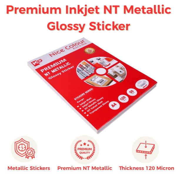 Premium NT Metallic Glossy Sticker A4 120 Micron 50 Sheets