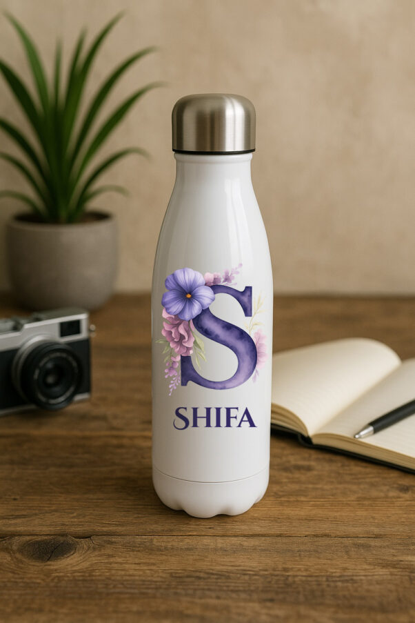A colorful Personalized UV Sticker Bottle showcasing a vibrant, full-color custom photo and text design, appearing smooth and durable.