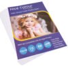 A stack of "High Glossy Inkjet Photo Paper 12x18 Inch 210GSM 50 Sheet" showcasing its thick, brilliant surface, positioned next to a high-resolution inkjet print displaying vibrant colors and sharp detail.