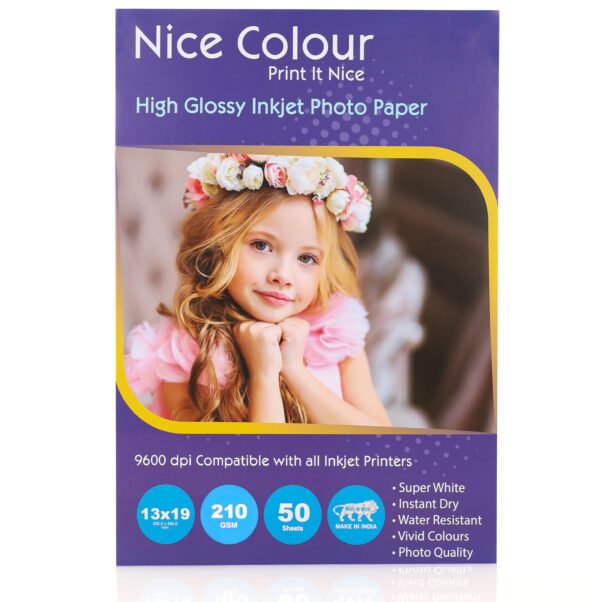 A stack of "High Glossy Inkjet Photo Paper 13x19 Inch 210GSM 50 Sheet" emphasizing its substantial thickness and brilliant surface, with a stunning printed large-format photograph demonstrating vibrant colors and crisp details.