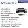 A stack of High Glossy Inkjet Photo Paper (5x7 inch), showing its smooth, reflective surface, alongside a vibrant printed photograph demonstrating excellent color reproduction and shine.