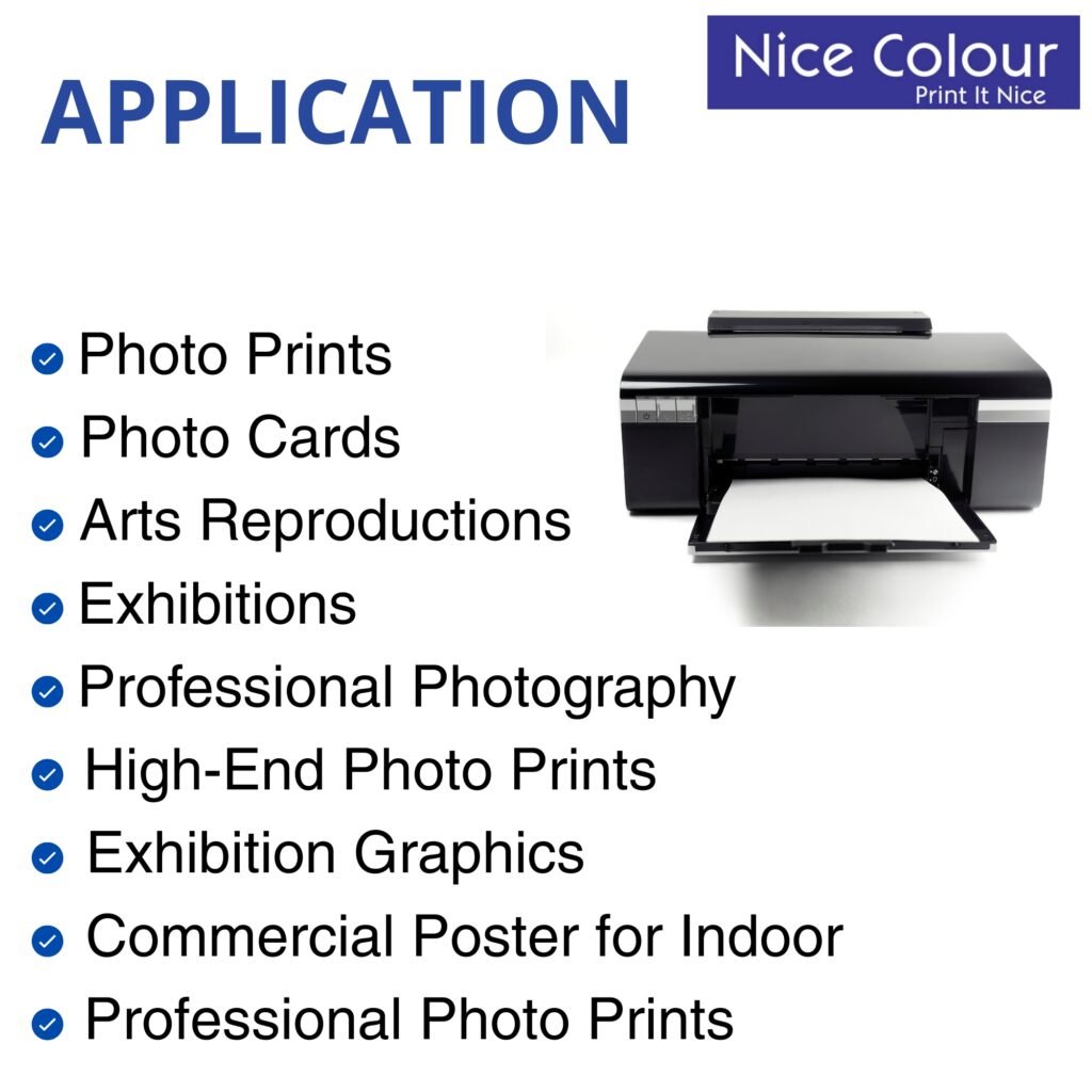 A stack of "High Glossy Inkjet Photo Paper 12x18 Inch 210GSM 50 Sheet" showcasing its thick, brilliant surface, positioned next to a high-resolution inkjet print displaying vibrant colors and sharp detail.