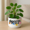 A personalized planter pot, 10 cm diameter, 7 cm height, featuring a custom design and a small succulent plant.