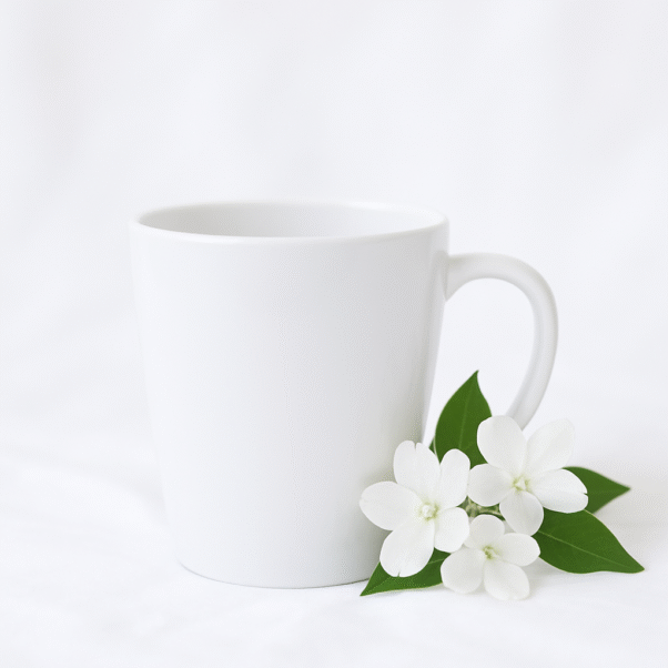 A stylish ceramic coffee cup for her, featuring an elegant floral design and a personalized name in a delicate script font, filled with steaming hot coffee, resting on a wooden coaster next to a small potted plant.