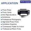 A stack of "High Glossy Inkjet Photo Paper 13x19 Inch 180GSM 50 Sheet" highlighting its smooth, reflective surface, next to an inkjet printer, with a printed 13x19 inch photograph showcasing vibrant colors and impressive detail.