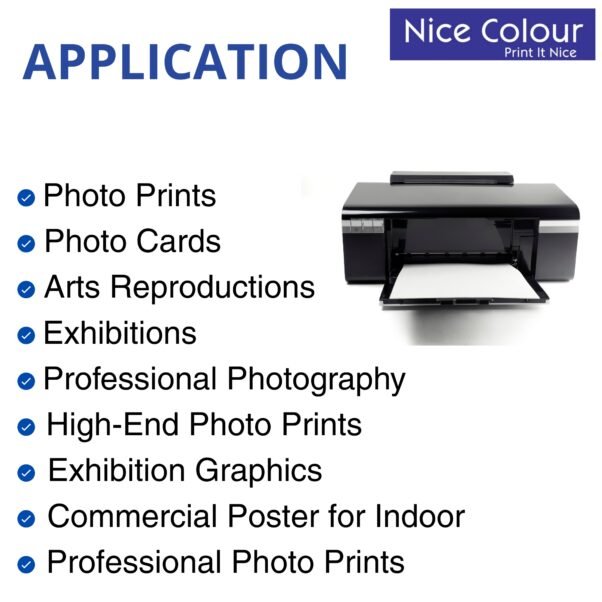 A stack of "High Glossy Inkjet Photo Paper 13x19 Inch 180GSM 50 Sheet" highlighting its smooth, reflective surface, next to an inkjet printer, with a printed 13x19 inch photograph showcasing vibrant colors and impressive detail.