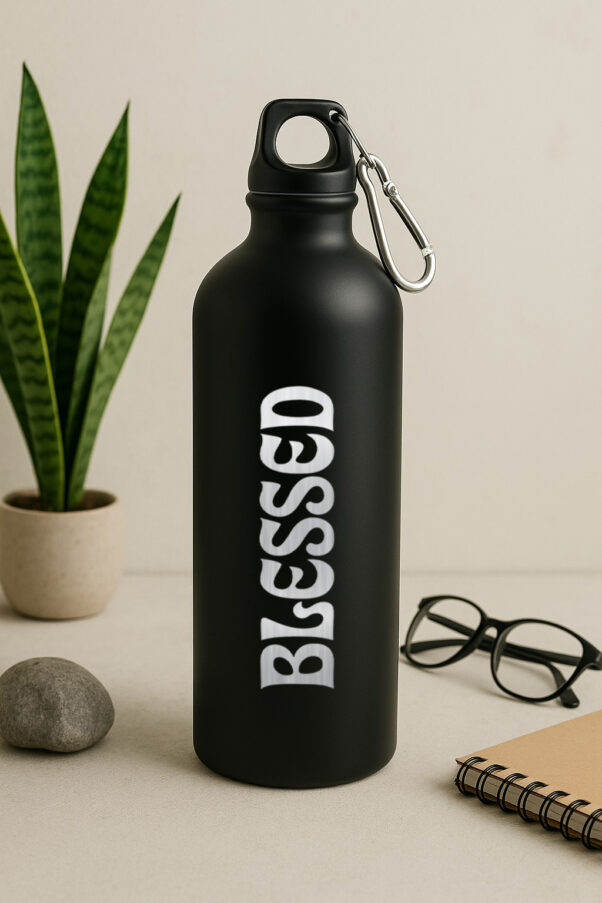 A sleek, personalized engraved bottle made of stainless steel, showcasing a detailed custom name and logo design.