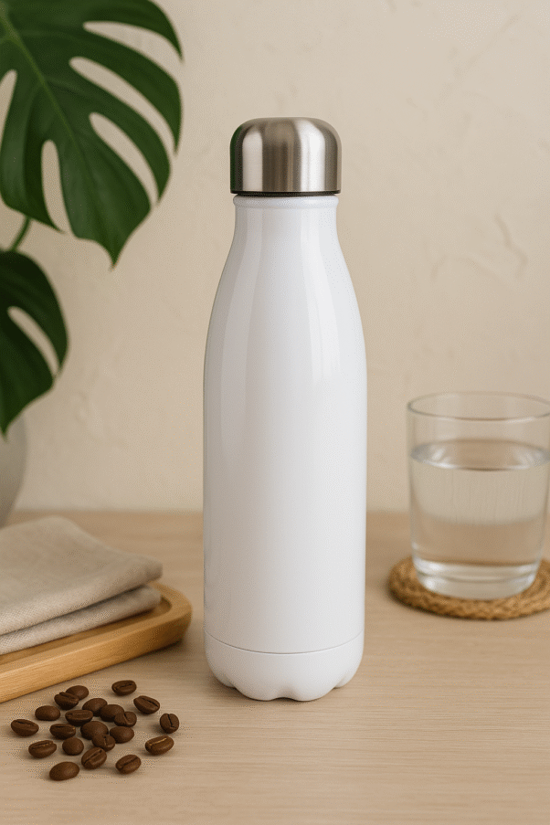 A colorful Personalized UV Sticker Bottle showcasing a vibrant, full-color custom photo and text design, appearing smooth and durable.