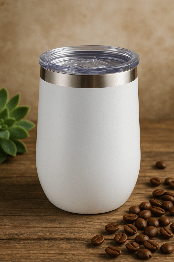 A sleek, stainless steel customised tumbler featuring a laser-engraved corporate logo on one side and a personalized name in elegant script on the other, showcased against a blurred office background.