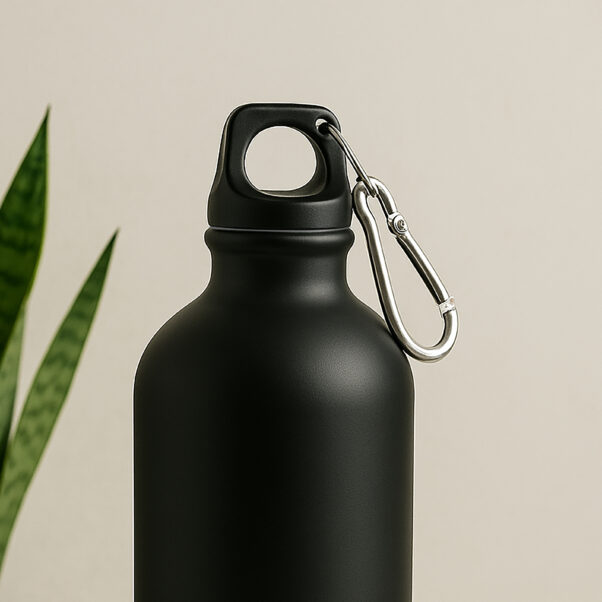 A sleek, personalized engraved bottle made of stainless steel, showcasing a detailed custom name and logo design.