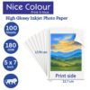 : A stack of High Glossy Inkjet Photo Paper (5x7 inch), showing its smooth, reflective surface, alongside a vibrant printed photograph demonstrating excellent color reproduction and shine.