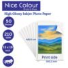 A stack of "High Glossy Inkjet Photo Paper 13x19 Inch 210GSM 50 Sheet" emphasizing its substantial thickness and brilliant surface, with a stunning printed large-format photograph demonstrating vibrant colors and crisp details.
