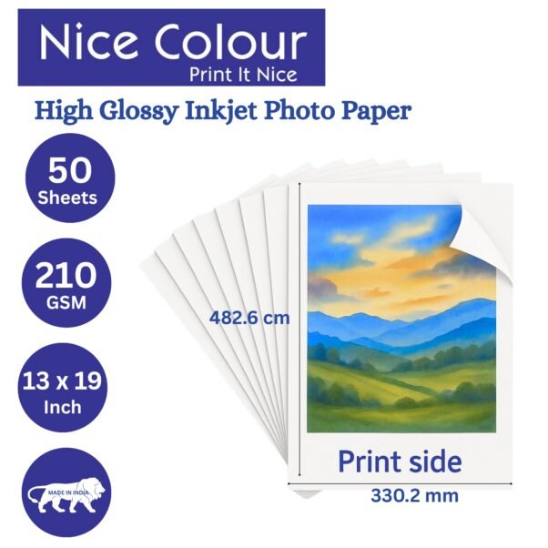 A stack of "High Glossy Inkjet Photo Paper 13x19 Inch 210GSM 50 Sheet" emphasizing its substantial thickness and brilliant surface, with a stunning printed large-format photograph demonstrating vibrant colors and crisp details.
