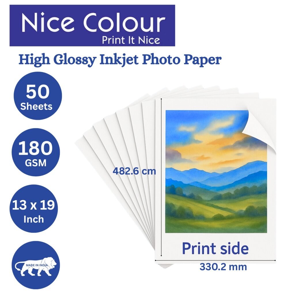 A stack of "High Glossy Inkjet Photo Paper 13x19 Inch 180GSM 50 Sheet" highlighting its smooth, reflective surface, next to an inkjet printer, with a printed 13x19 inch photograph showcasing vibrant colors and impressive detail.