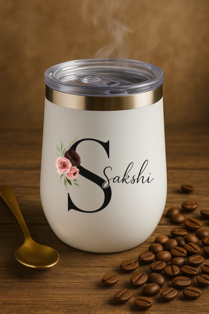 A sleek, stainless steel customised tumbler featuring a laser-engraved corporate logo on one side and a personalized name in elegant script on the other, showcased against a blurred office background.