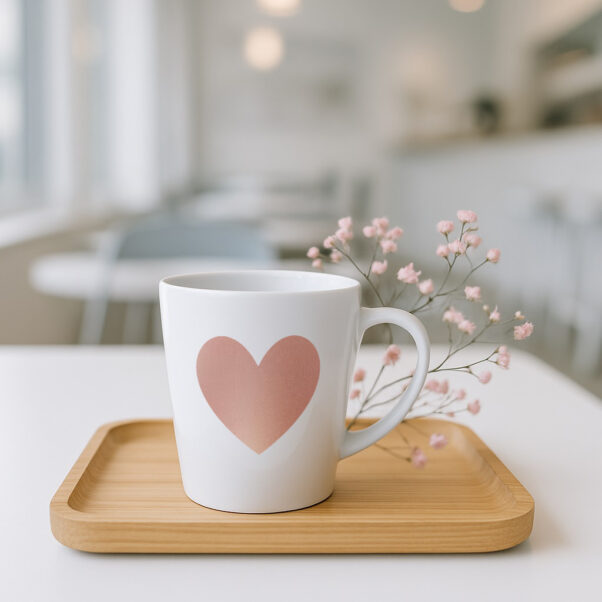 A stylish ceramic coffee cup for her, featuring an elegant floral design and a personalized name in a delicate script font, filled with steaming hot coffee, resting on a wooden coaster next to a small potted plant.