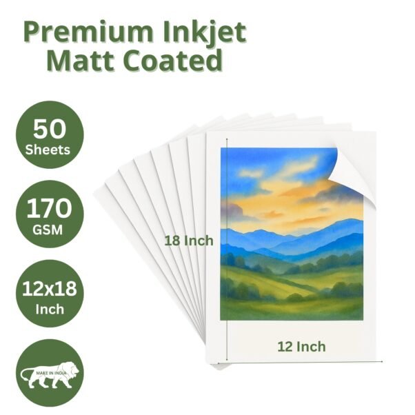 Premium Inkjet Matt Coated Dual Side Paper 12x18 Inch 170 GSM 50 Sheets