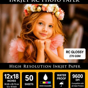 RC Inkjet Glossy Photo Paper 12×18 Inch 50 Sheets 270 GSM 9600 DPI Water Proof