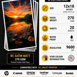 RC Satin Matt Inkjet Photo Paper 12×18 Inch 270 GSM 9600 DPI 50 Sheets Water Proof