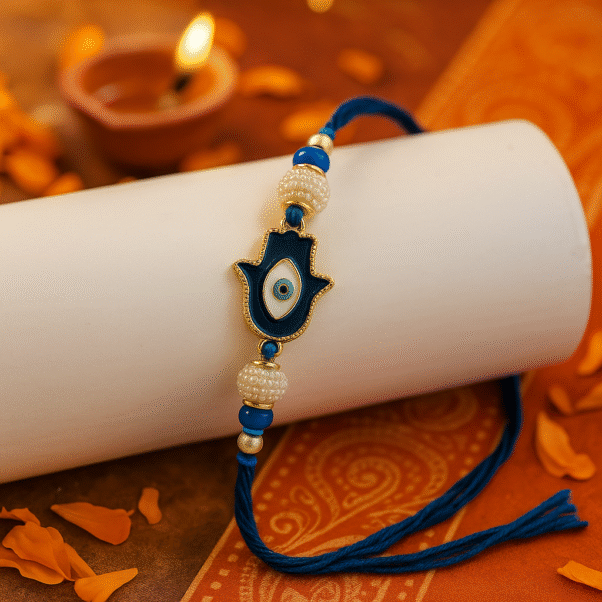 A stylish "Blue Evil Eye Rakhi" featuring a prominent blue and white evil eye bead as the central charm, woven into delicate threads, symbolizing protection against negative energy.