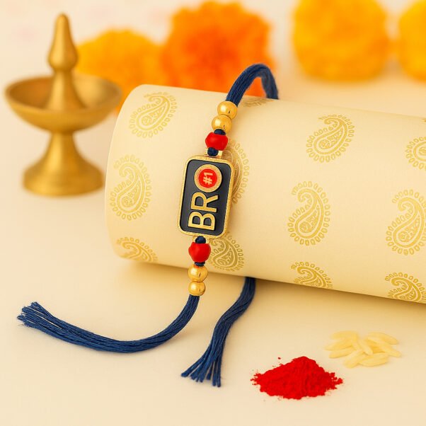 A trendy "Bro Rakhi" featuring a minimalist design, perhaps a metallic charm saying "BRO" or a cool geometric pattern, displayed casually on a wrist, representing a modern sibling bond.