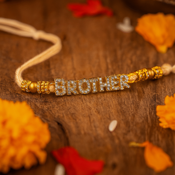 A close-up of a "Brother Rakhi" on a wrist, featuring "BROTHER" spelled out in sparkling, studded gold-toned letters, flanked by decorative golden beads on a subtle, light-colored thread, symbolizing deep sibling affection.
