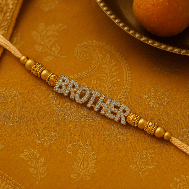 Brother Rakhi 1 A close-up of a "Brother Rakhi" on a wrist, featuring "BROTHER" spelled out in sparkling, studded gold-toned letters, flanked by decorative golden beads on a subtle, light-colored thread, symbolizing deep sibling affection.