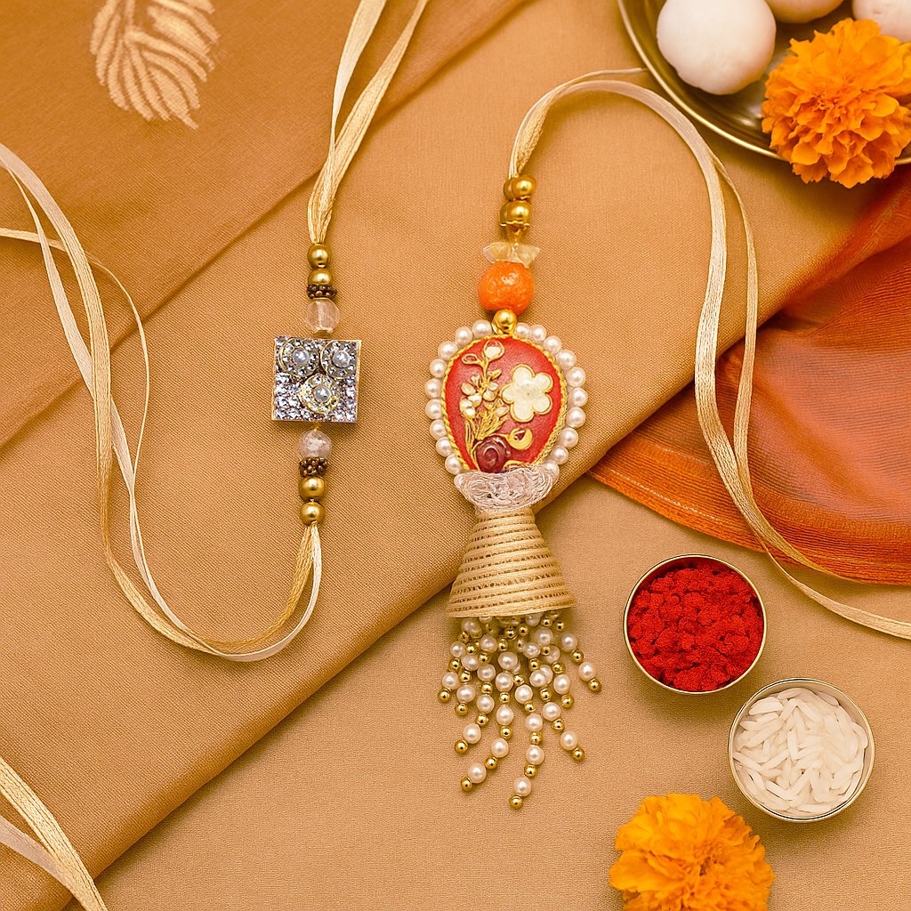 A "Designer Bhaiya Bhabhi Rakhi Set" featuring a brother's Rakhi with a sparkling square charm and a sister-in-law's Lumba Rakhi with an ornate red floral design, pearl border, and dangling bell tassel, all on elegant golden ribbons, symbolizing a rich and loving bond.