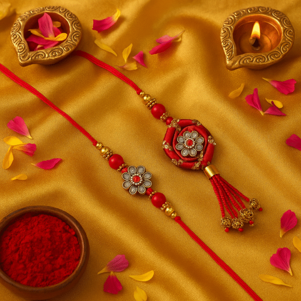 A "Traditional Floral Stone Bhaiya Bhabhi Rakhi Set" with a brother's Rakhi on a red thread featuring a round floral charm with red and white stones, and a matching Lumba Rakhi for the sister-in-law with a larger, ornate floral charm and red tassels, symbolizing love and prosperity.
