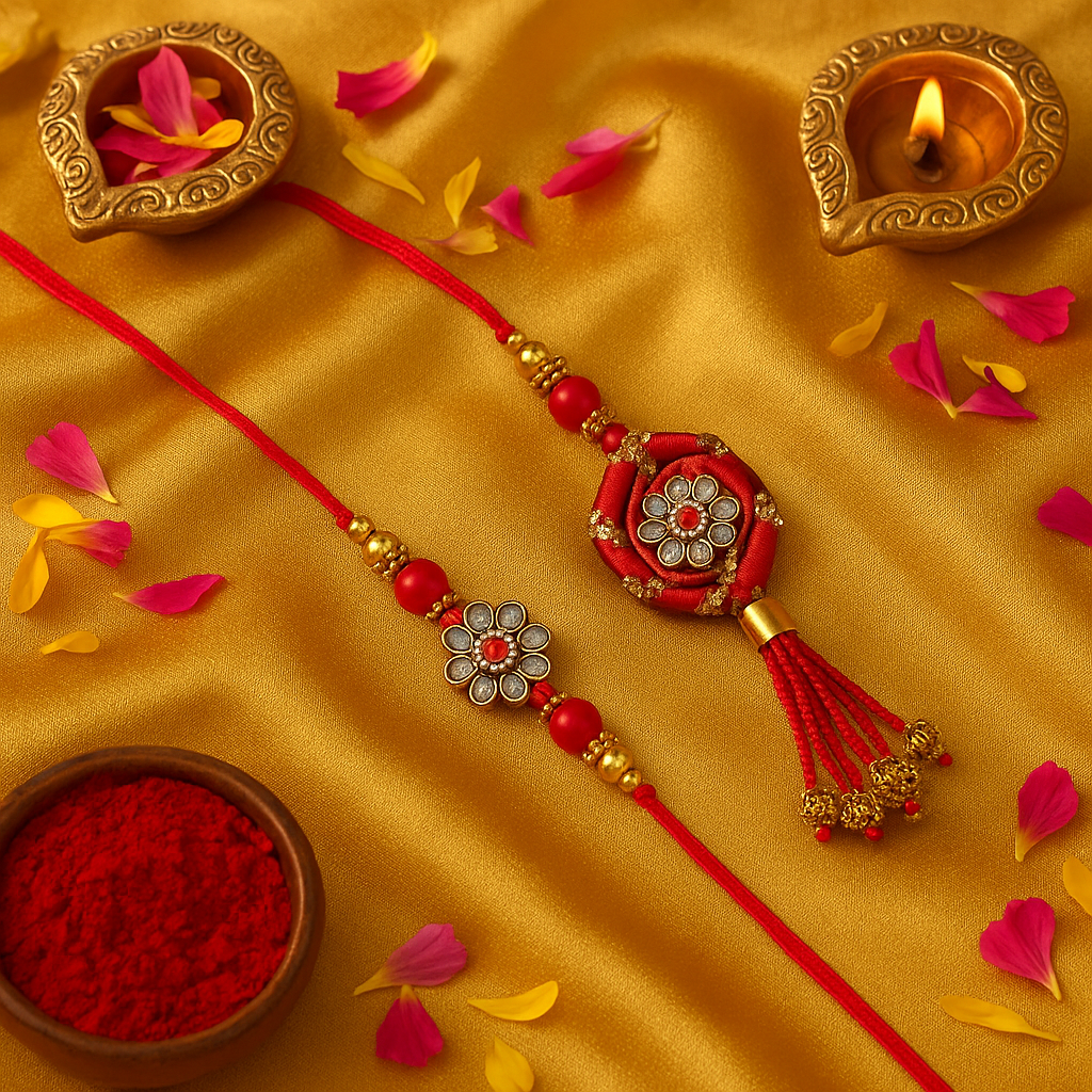 A "Traditional Floral Stone Bhaiya Bhabhi Rakhi Set" with a brother's Rakhi on a red thread featuring a round floral charm with red and white stones, and a matching Lumba Rakhi for the sister-in-law with a larger, ornate floral charm and red tassels, symbolizing love and prosperity.