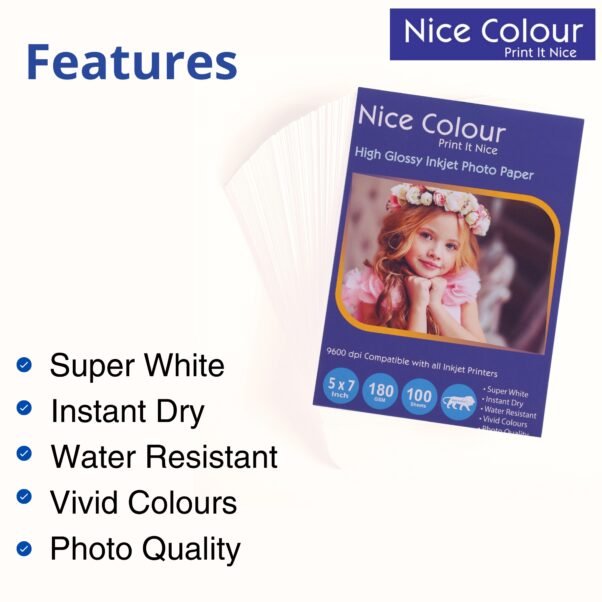 : A stack of High Glossy Inkjet Photo Paper (5x7 inch), showing its smooth, reflective surface, alongside a vibrant printed photograph demonstrating excellent color reproduction and shine.